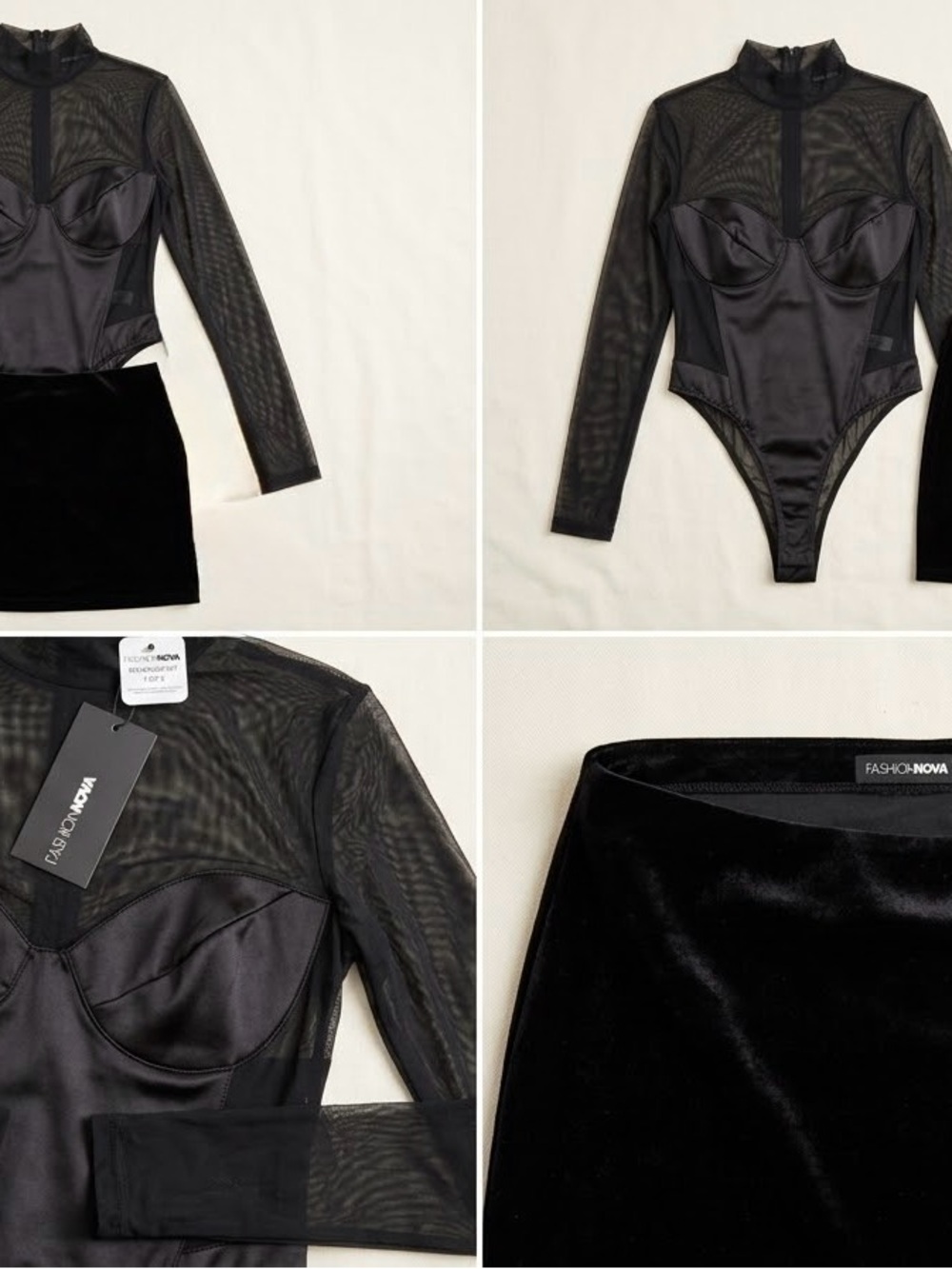 Fashion Nova Black Mesh Long-Sleeve Satin Bustier Bodysuit/Skirt Set